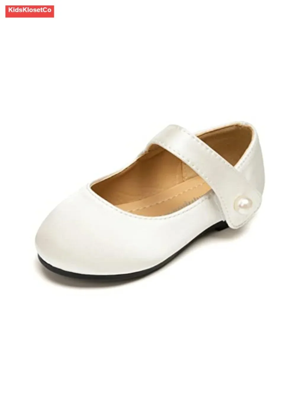 Toddler Girls Mary Jane Flats Dress Shoes with Pearl Strap, Soft TPR Sole